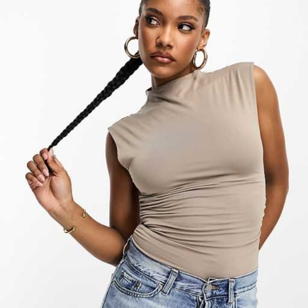 A&F L Large Brown Ruched thong Bodysuit Cowl Neck Top Modal Blend Soft